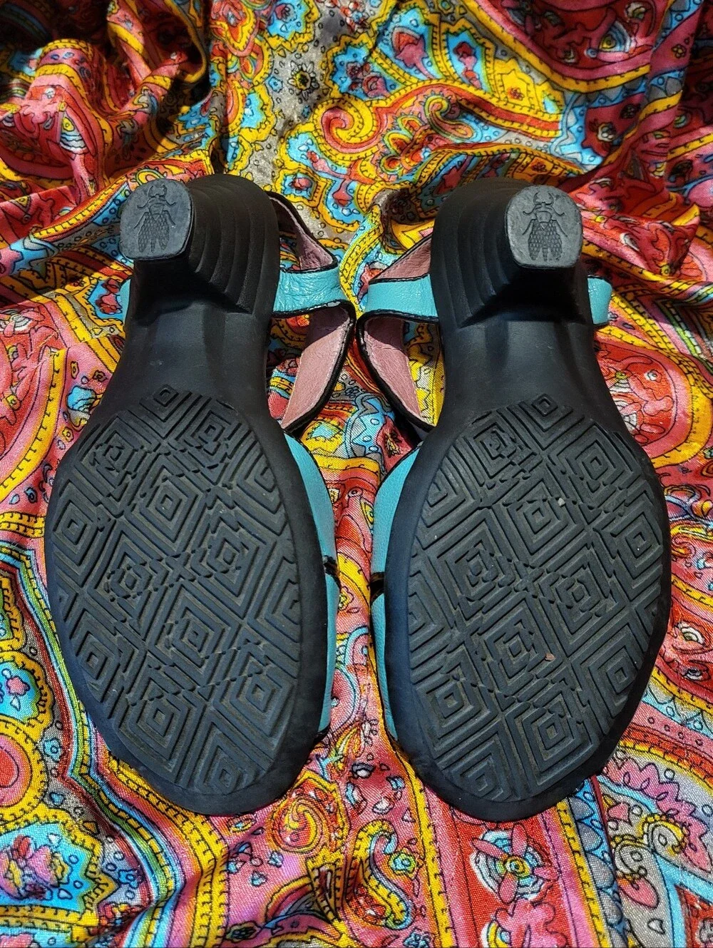 Fly London Turquoise Leather Shoes With Unique Heel Women's Size 6 5.5